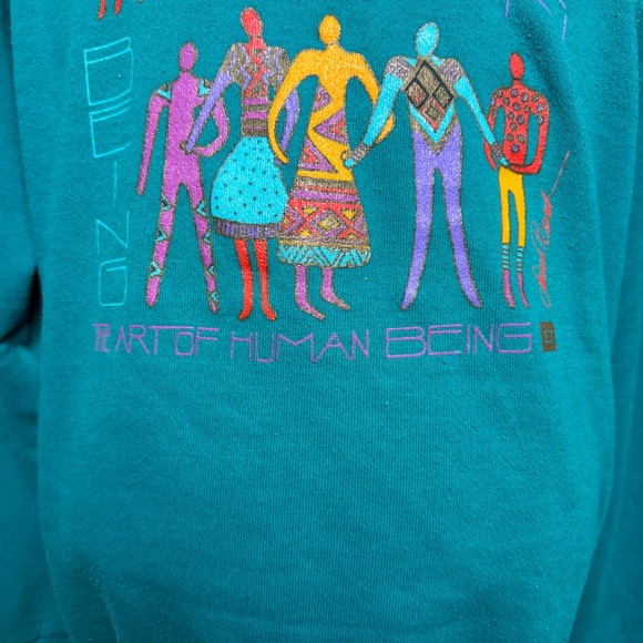 Vintage 90s Laurel Burch Art of Human Being Teal Green Sweatshirt XL Raglan - Picture 3 of 7